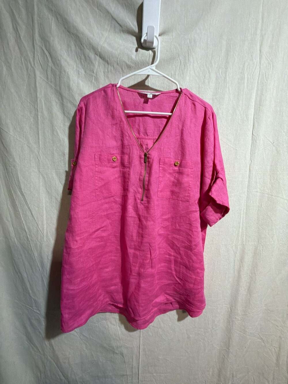 Company Ellen Tracy Pink 100% Linen 1/4 Zip Tunic Top with Pockets Women's Size